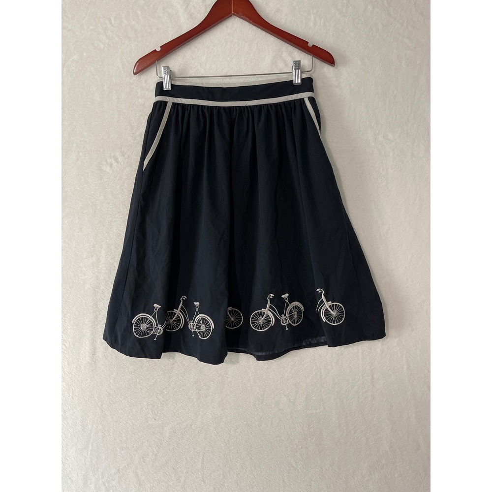 Anthropologie Comme Toi Navy Blue Bicycle Embroidery A-Line Skirt  Womens Med